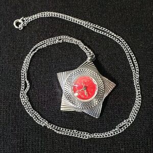Vintage K-Time Deluce Windup Star Watch Necklace Pendant w/ Red Dial Works!